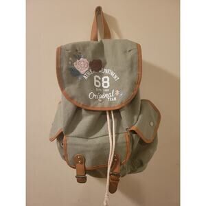 Green Art Class Canvas & Faux Leather Large Backpack Flower Roses Embroidered